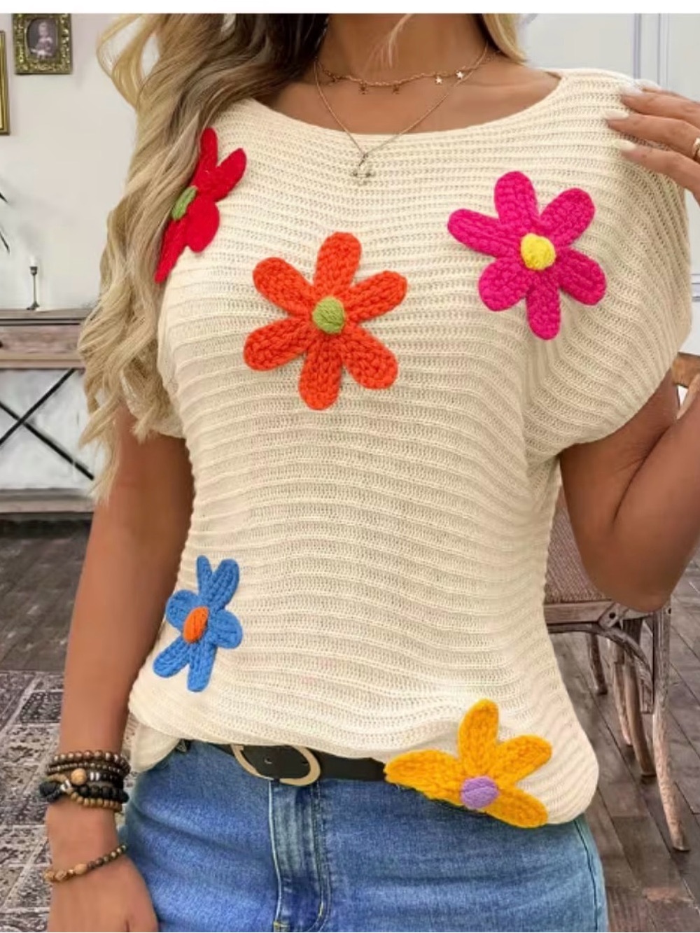 Cream Floral Appliqué Knit Sweater Top - Women